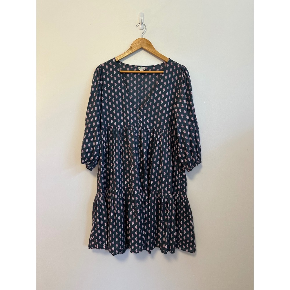 J. Crew Navy and Pink Floral Cotton Tiered Babydoll Mini Dress | Size Small